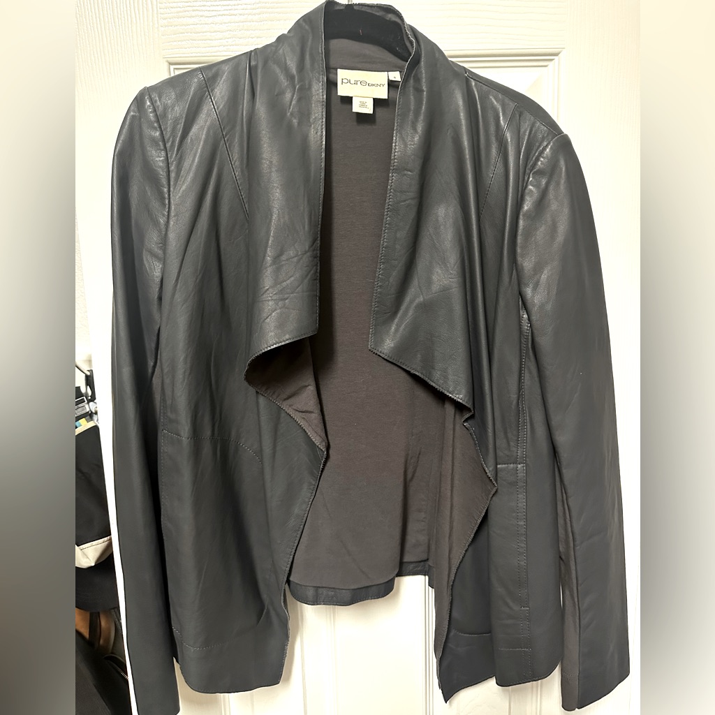 Pure Dkny Dark Grey Lamb Skin Leather Jacket, Size Small